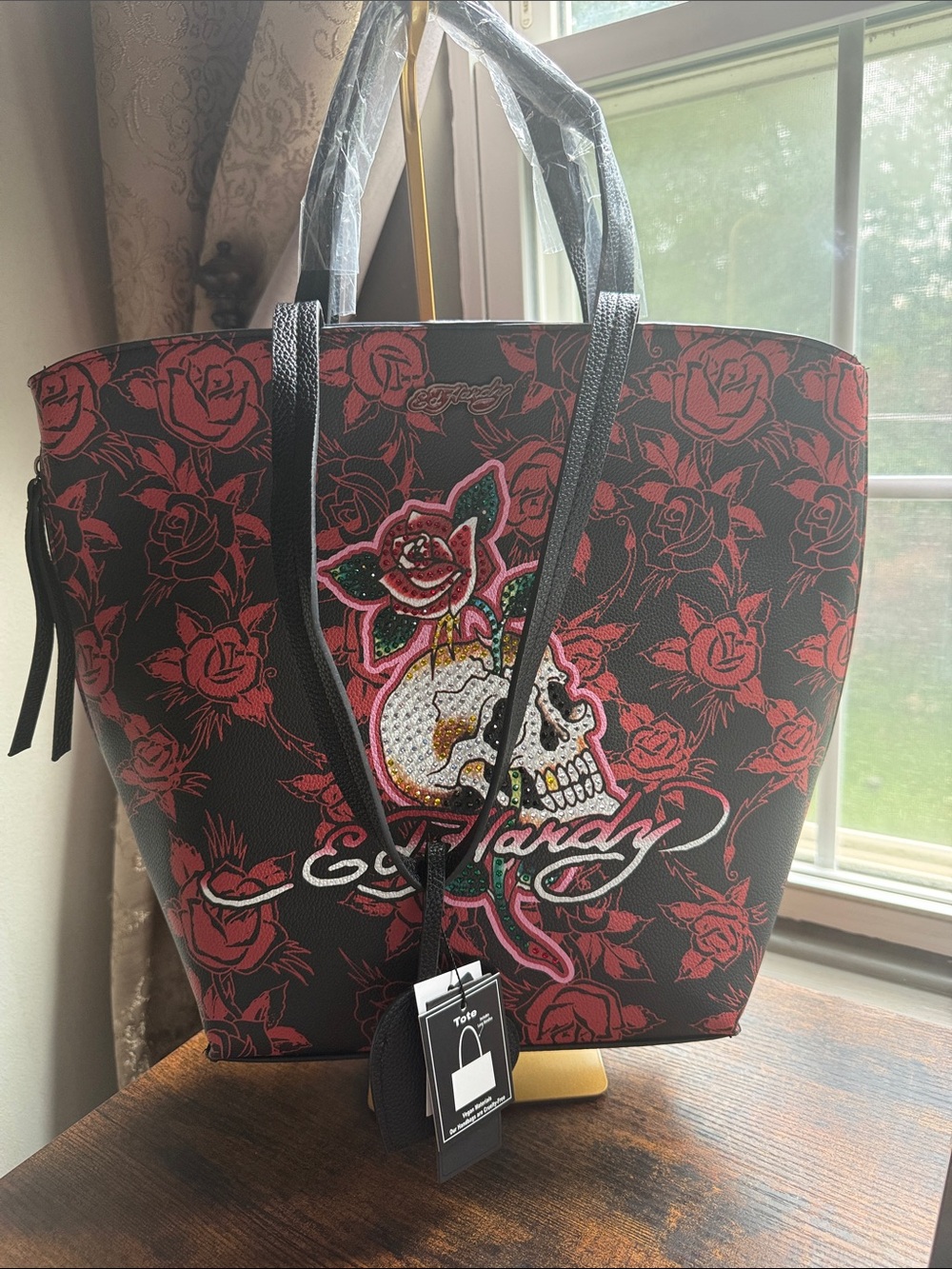 Ed Hardy Black Tote with Red Rose & Embellished Skull